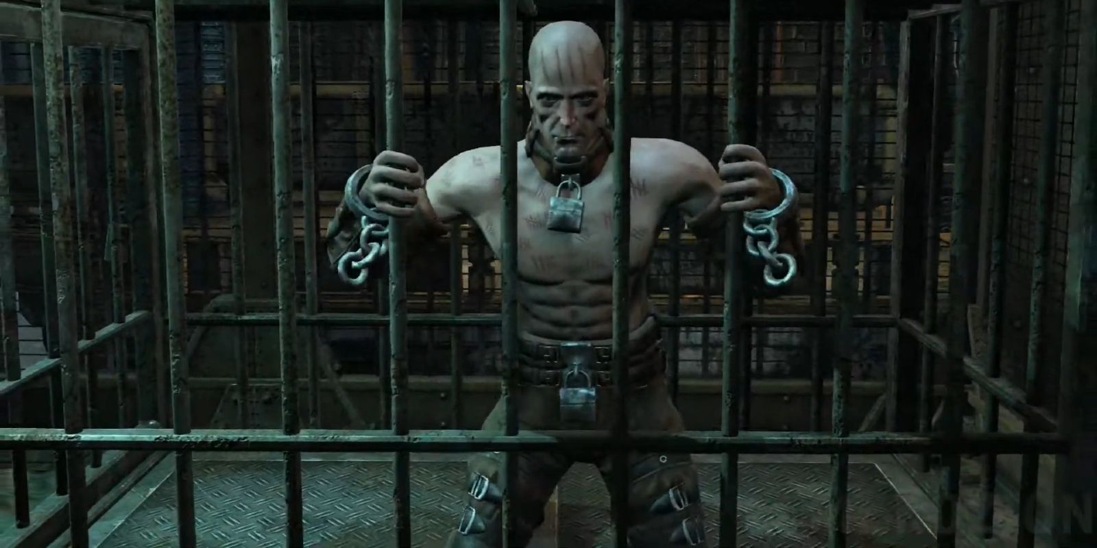 Victor Zsasz in a cage in Batman Arkham City
