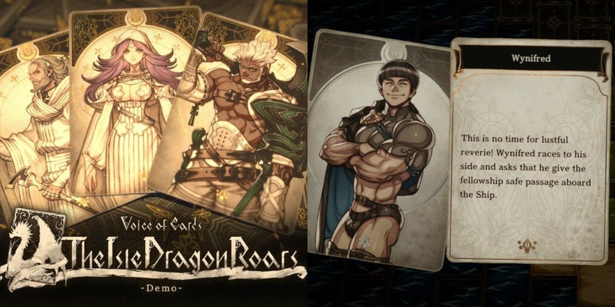 Split image of the Voice of Cards title screen & a muscular fisherman smiling.