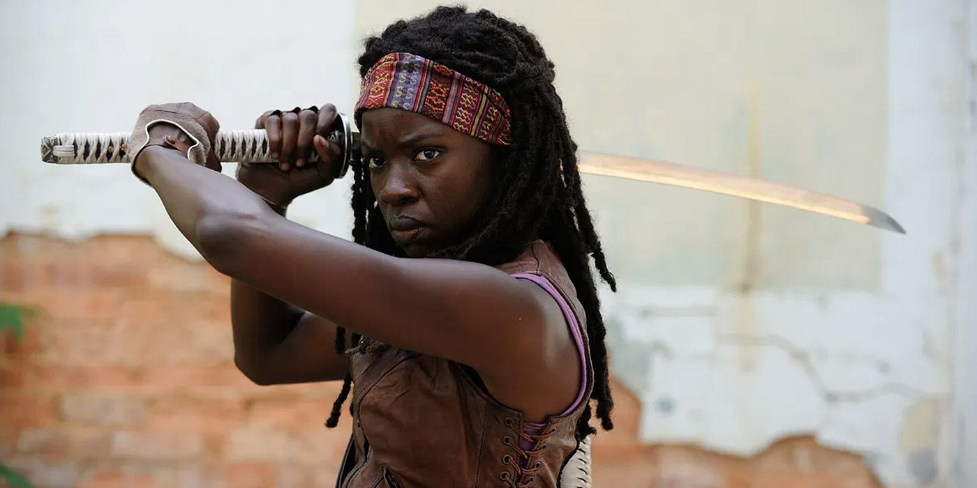 Michonne wields her katana blade in The Walking Dead.
