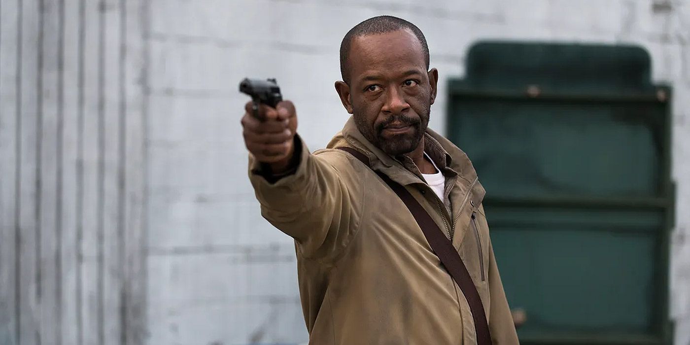 Morgan aiming a gun at someone in The Walking Dead