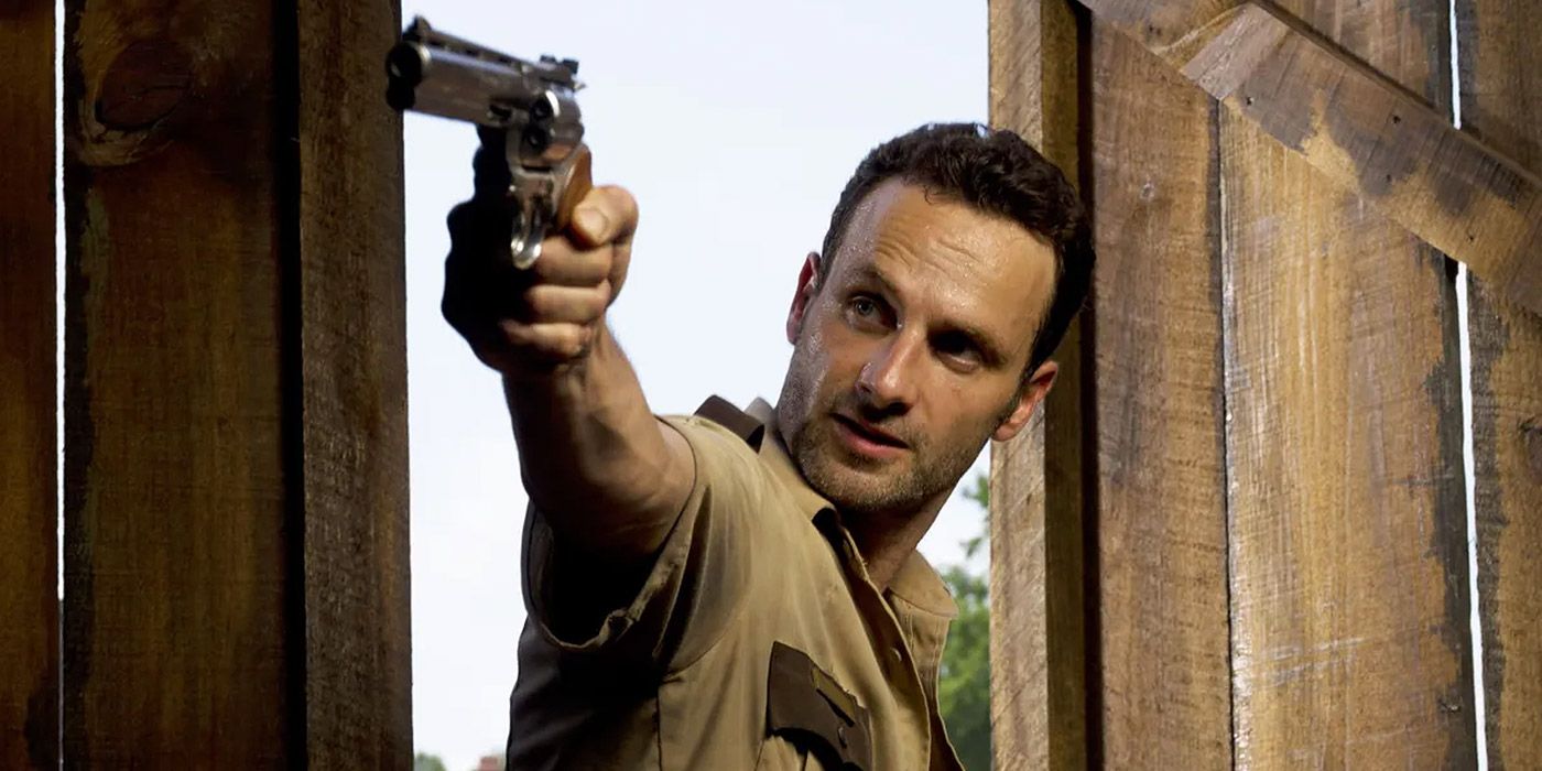 Rick Grimes aiming his revolver in The Walking Dead.