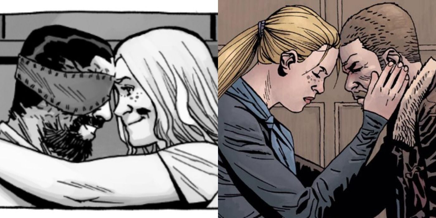 Split image: Carl and Sofia embrace/ Andrea touches Rick's face
