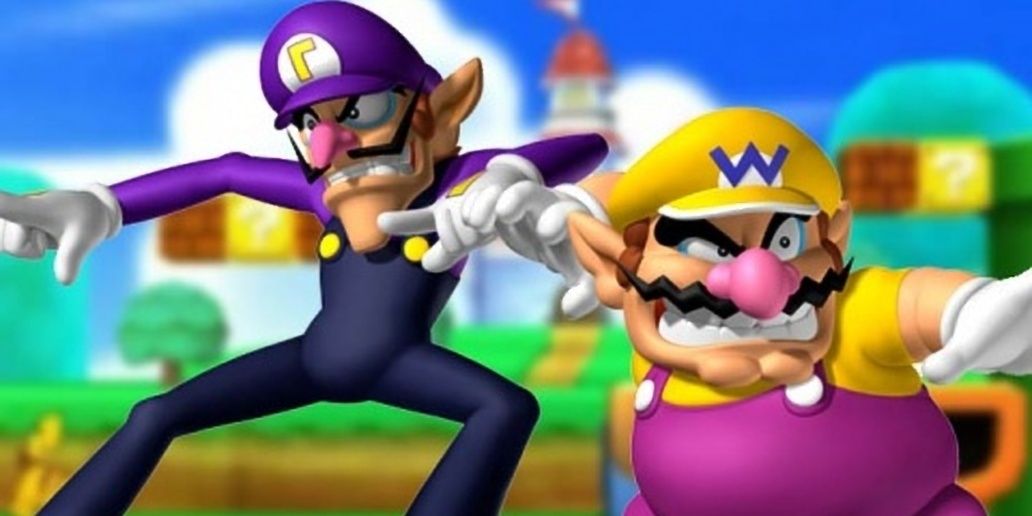 Waluigi and Wario pose on a Super Mario background