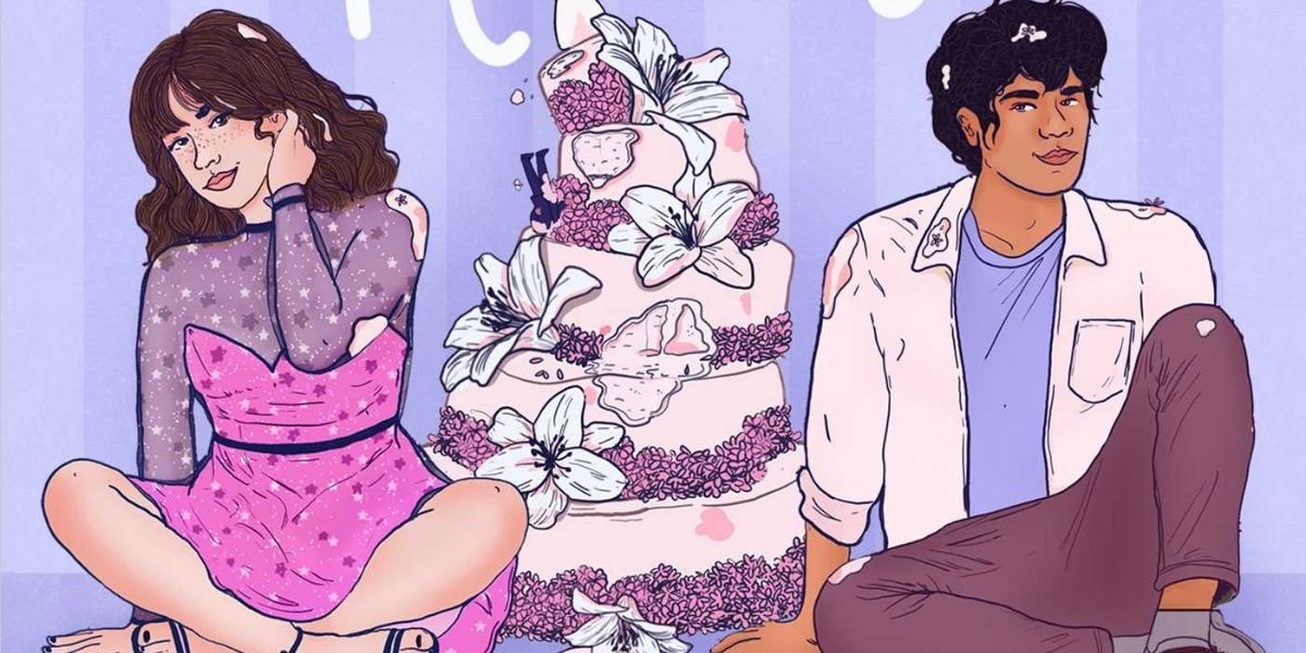 Quinn and Tarek sitting by a cake on the coverr of We Can't Keep Meeting Like This By Rachel Lynn Solomon