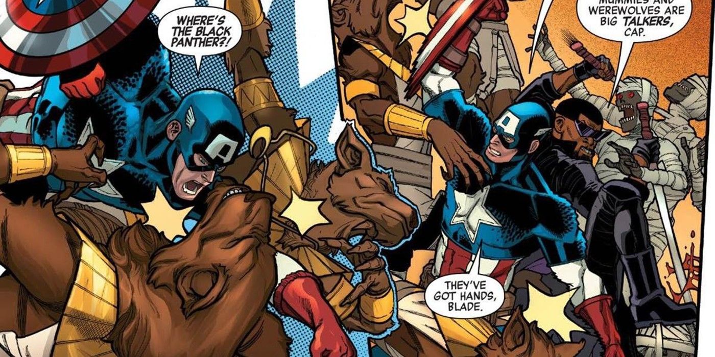 The Avengers fight the Cult of Knoshu and their Werewolf Guard in Marvel Comics