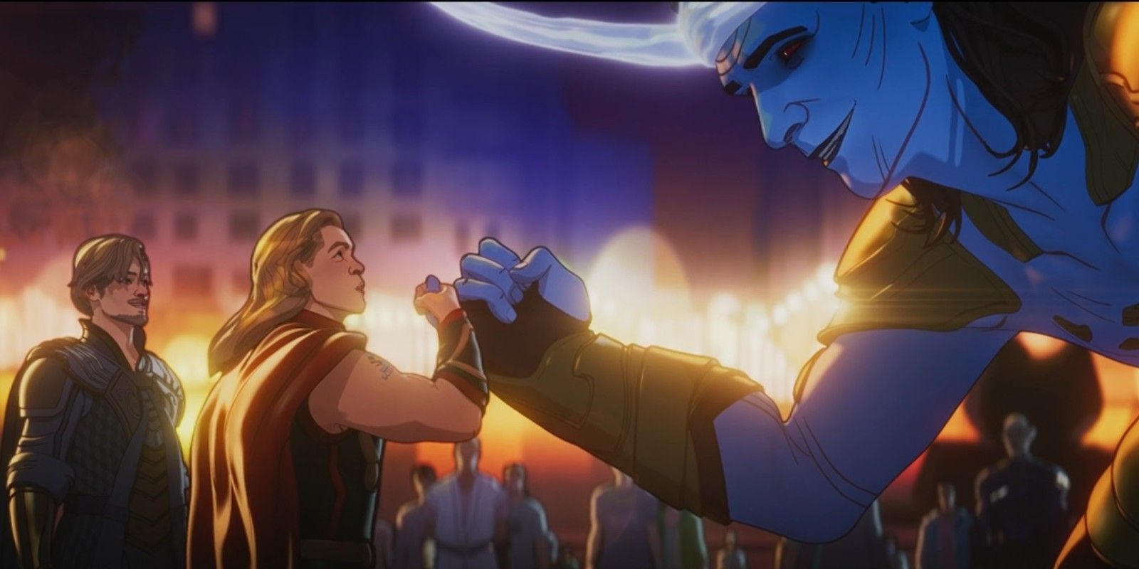 Thor and a blue, giant-sized Loki shake hands in Marvel's What If...?