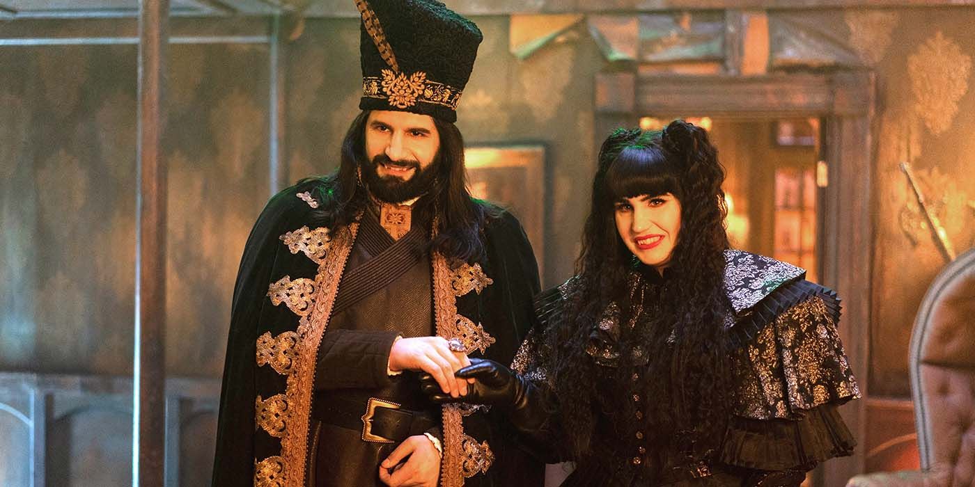 Nandor and Nadja smiling in What We Do in the Shadows