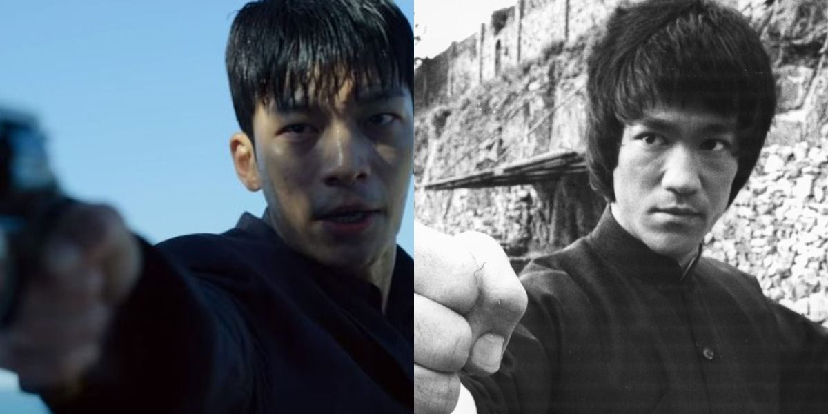 Wi Ha-joon as HWang Jun-ho in Squid Game beside Bruce Lee in Fists of Fury