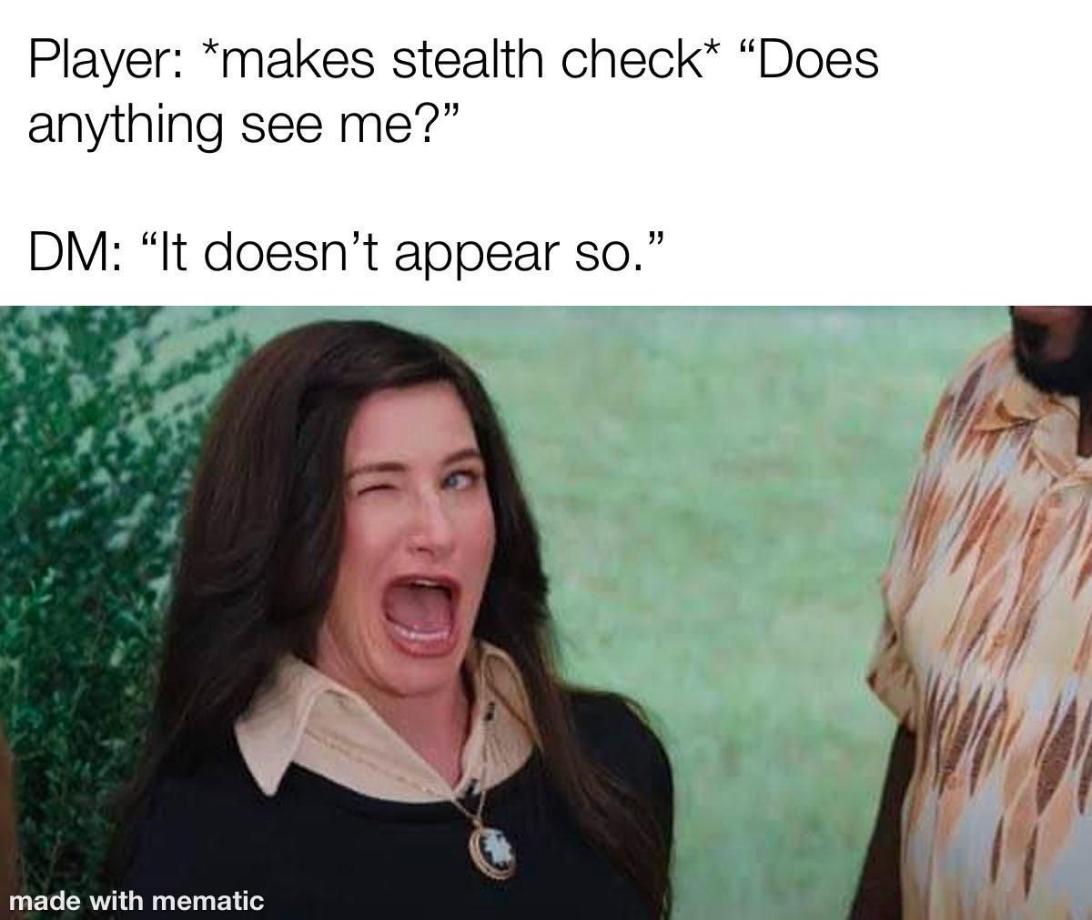 Agatha Harkness winks. The caption has a player roll stealth and ask if anyone sees them. The DM responds it doesn&rsquo;t appear so