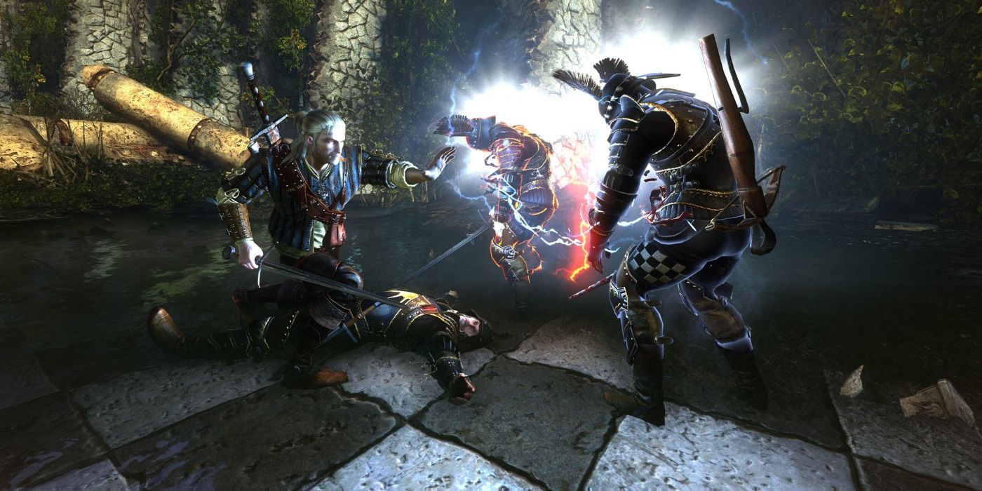 Gameplay still of Geralt in combat in The Witcher 2
