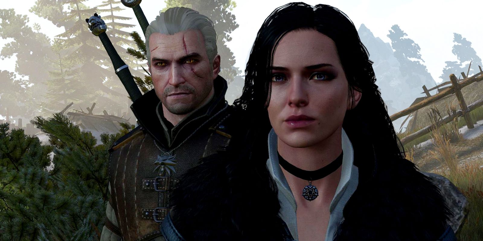 Geralt standing behind Yennefer in The Witcher 3: Wild Hunt.