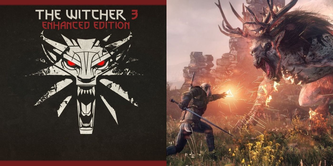 Split image of the mod's logo and in-game promo still of The Witcher 3