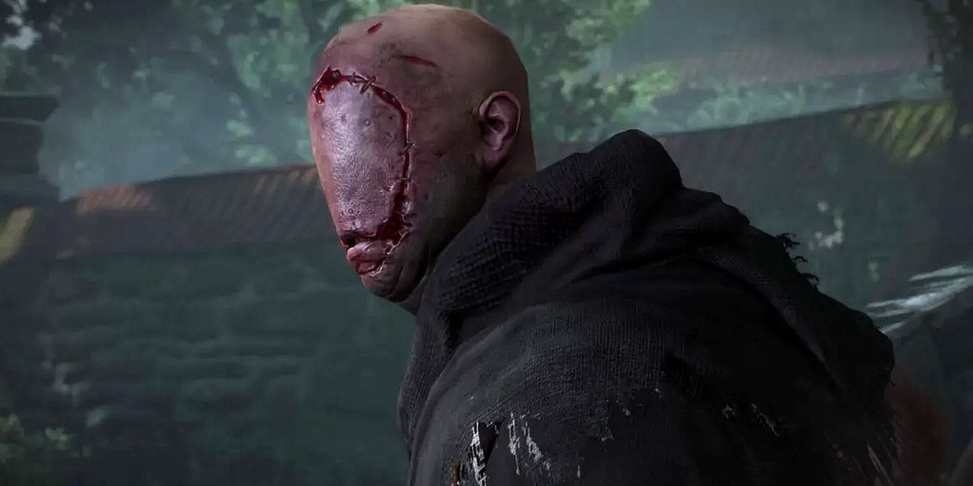 Um Zelador sem capuz com rosto costurado em The Witcher III