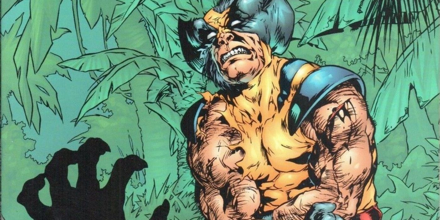 Wolverine laying in pain near a river bank while a hand pops out in Marvel comics