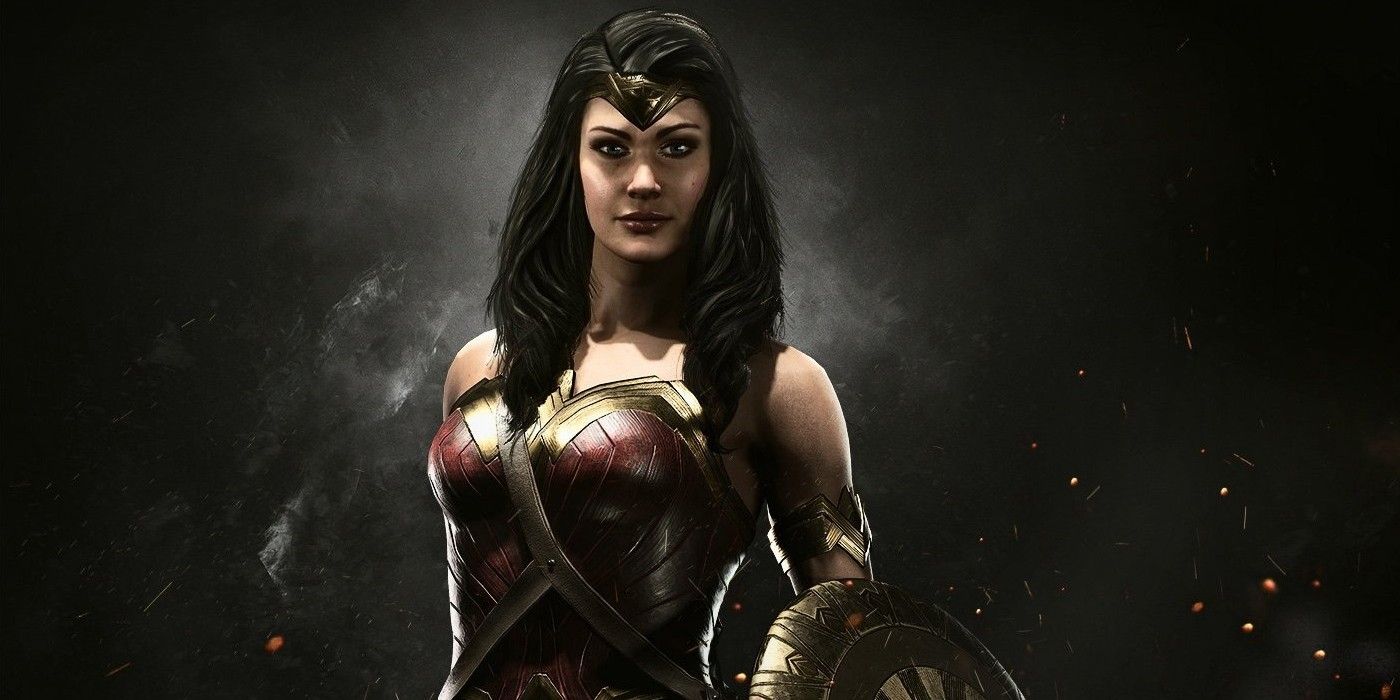 Wonder Woman standing against a dark background