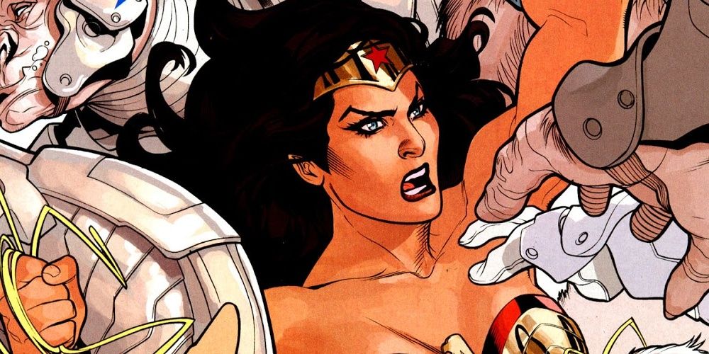 Wonder Woman fighting off apes on a comic book cover