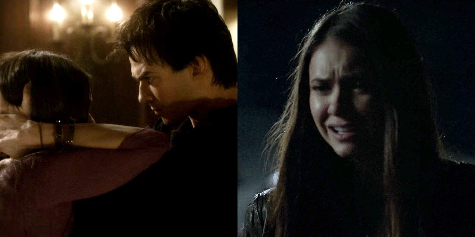 Split image of Damon feeding Elena his blood and Elena crying in The Vampire Diaries.