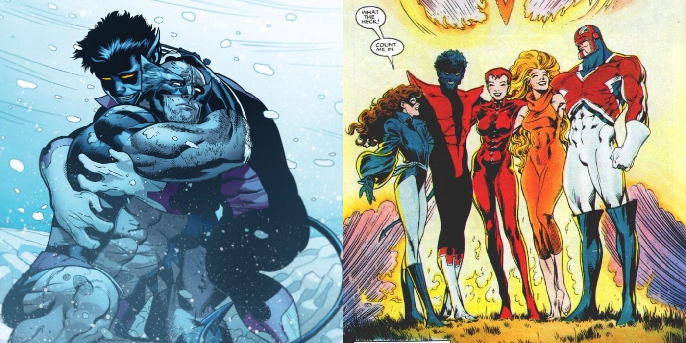 Split image of Wolverine and Nightcrawler hugging and Excalibur hugging in Marvel Comics.