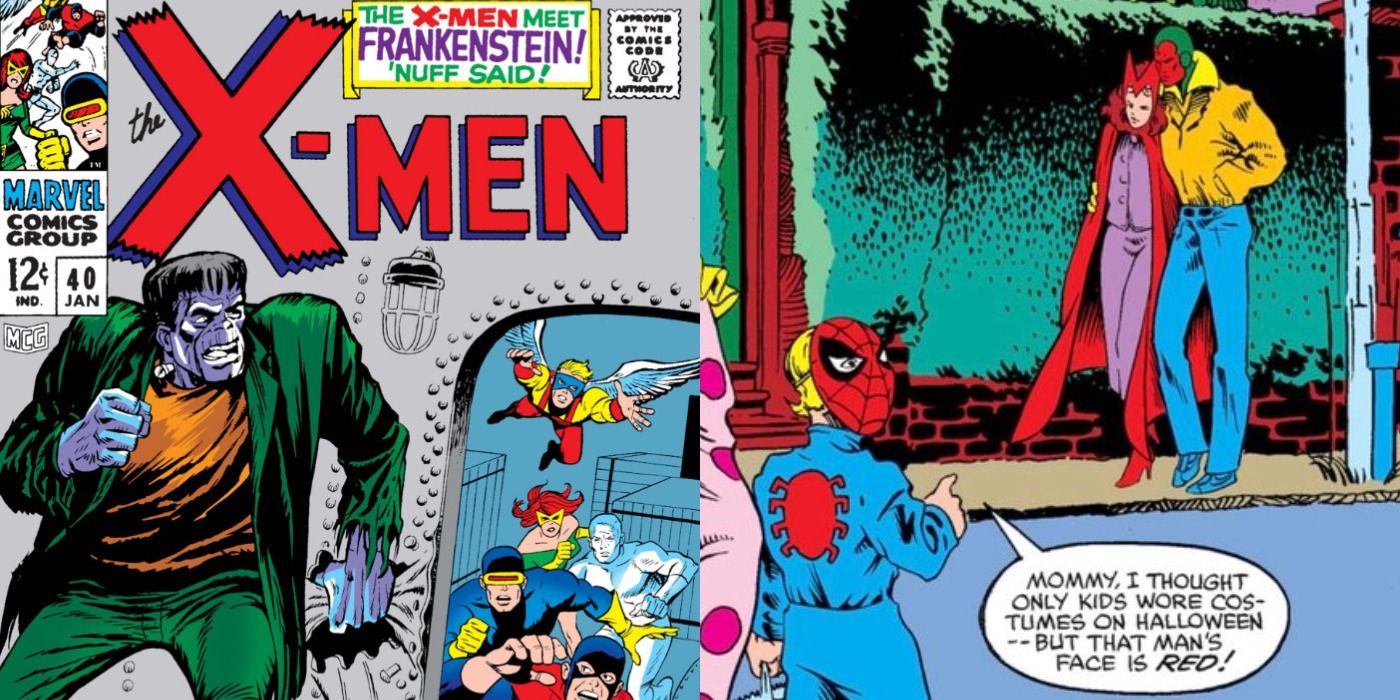 Split image: X-Men fighting Frankenstein, Scarlet Witch and Vision trick or treating.