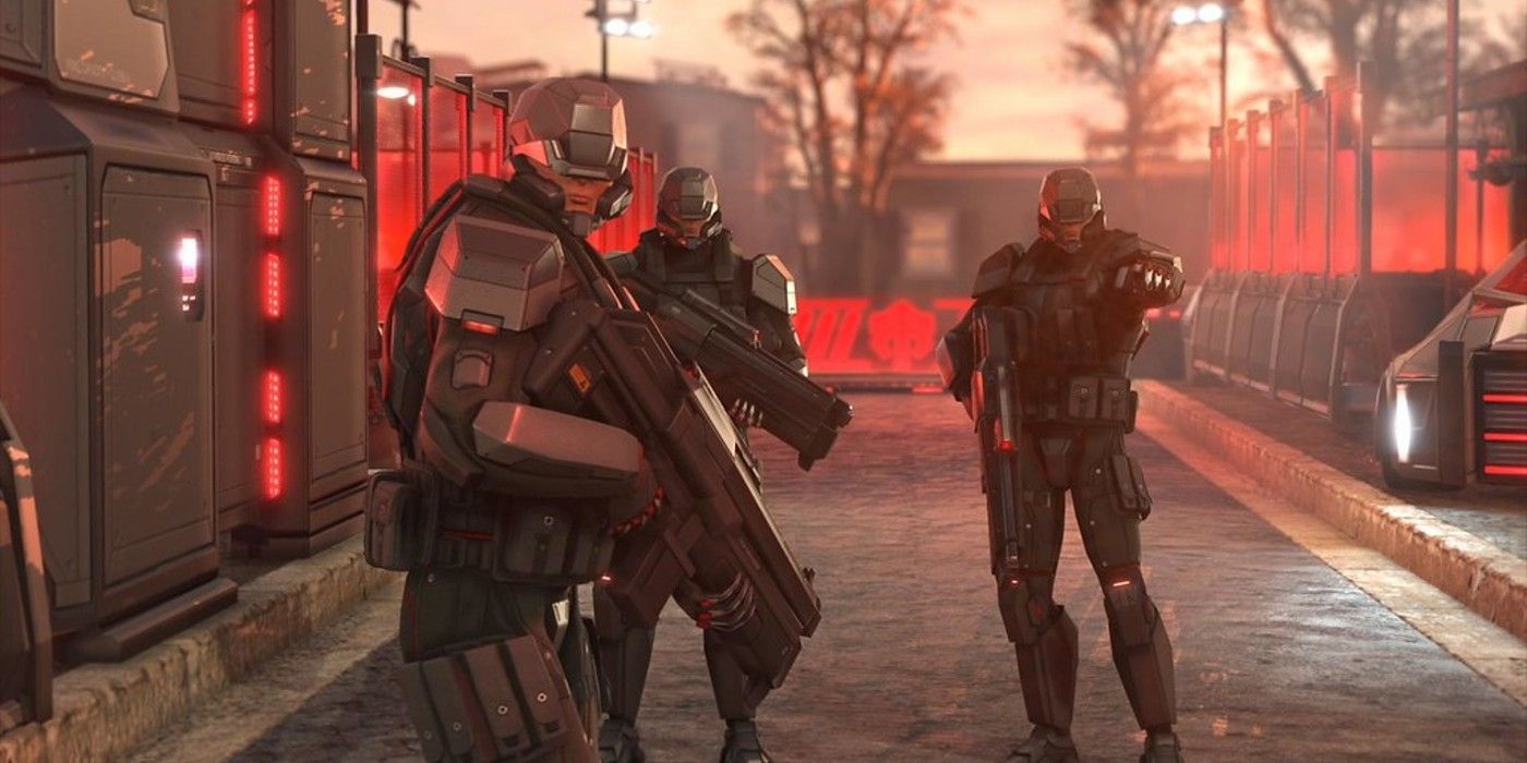 A small squad of soldiers prepares for a fight in XCOM 2