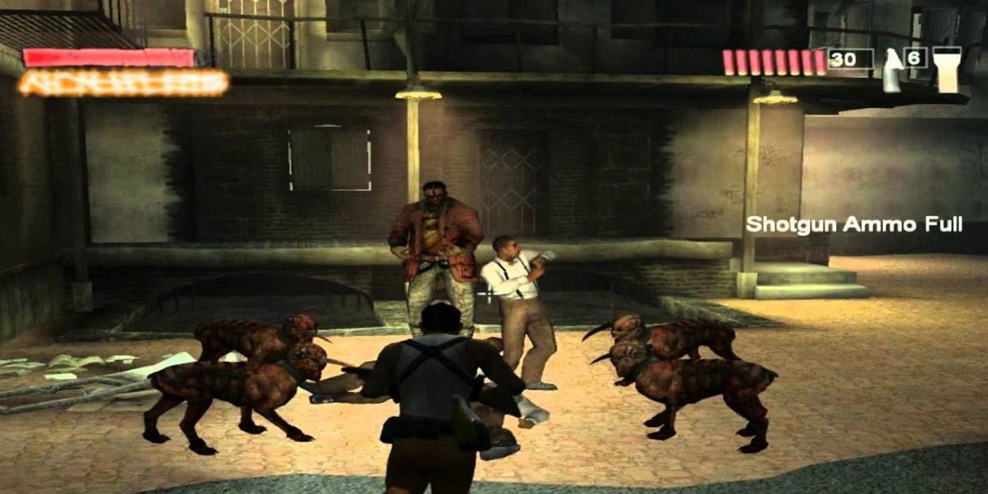 O jogador atira em um inimigo no videogame The Suffering