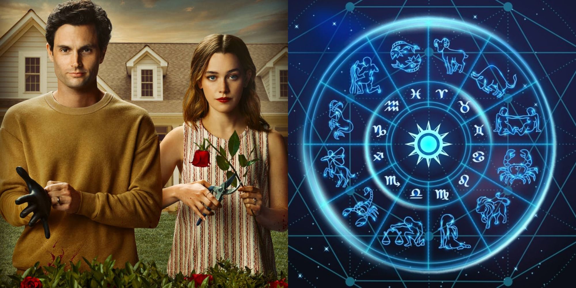 Split image of YOU's Penn Badgley and Victoria Pedretti aside a zodiac wheel