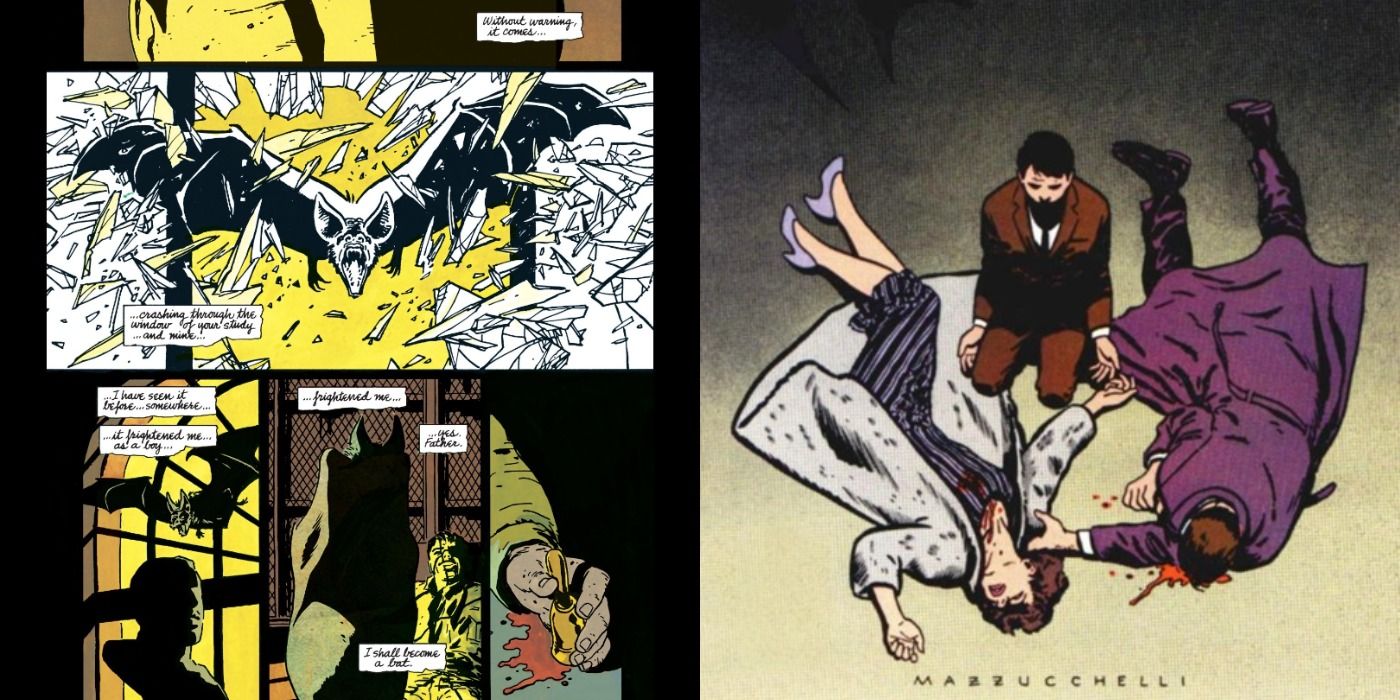 Split image of Bruce getting the inspiration for Batman and kneeled over the corpses of his parents