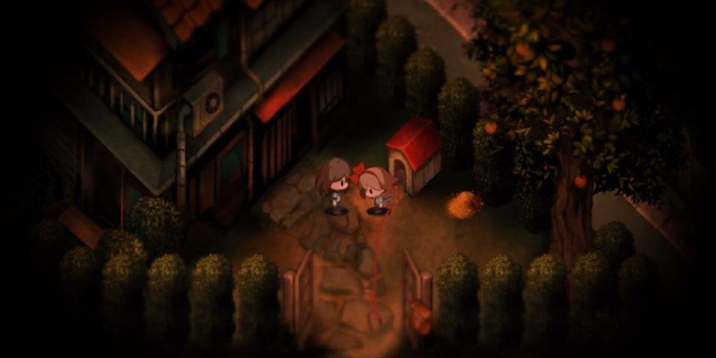 Two characters talking outside a house in Yomawari Night Alone