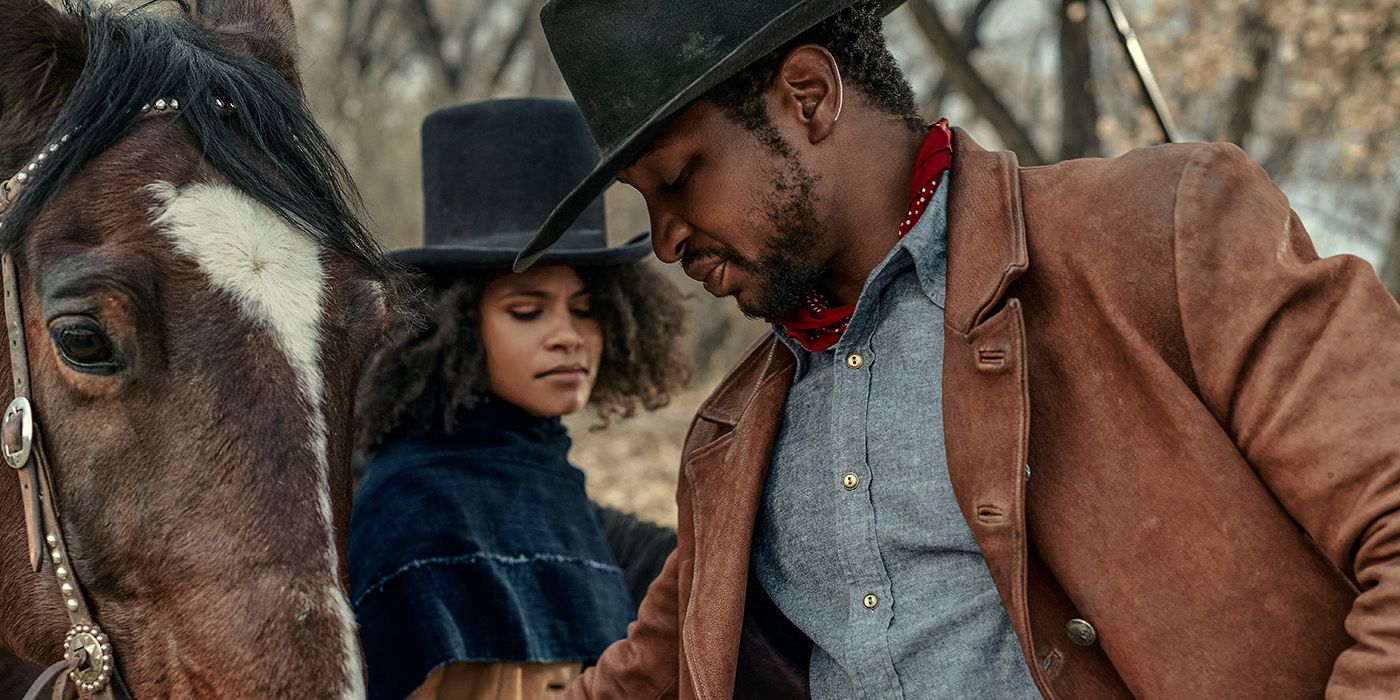 Zazie Beetz and Jonathan Majors in The Harder They Fall