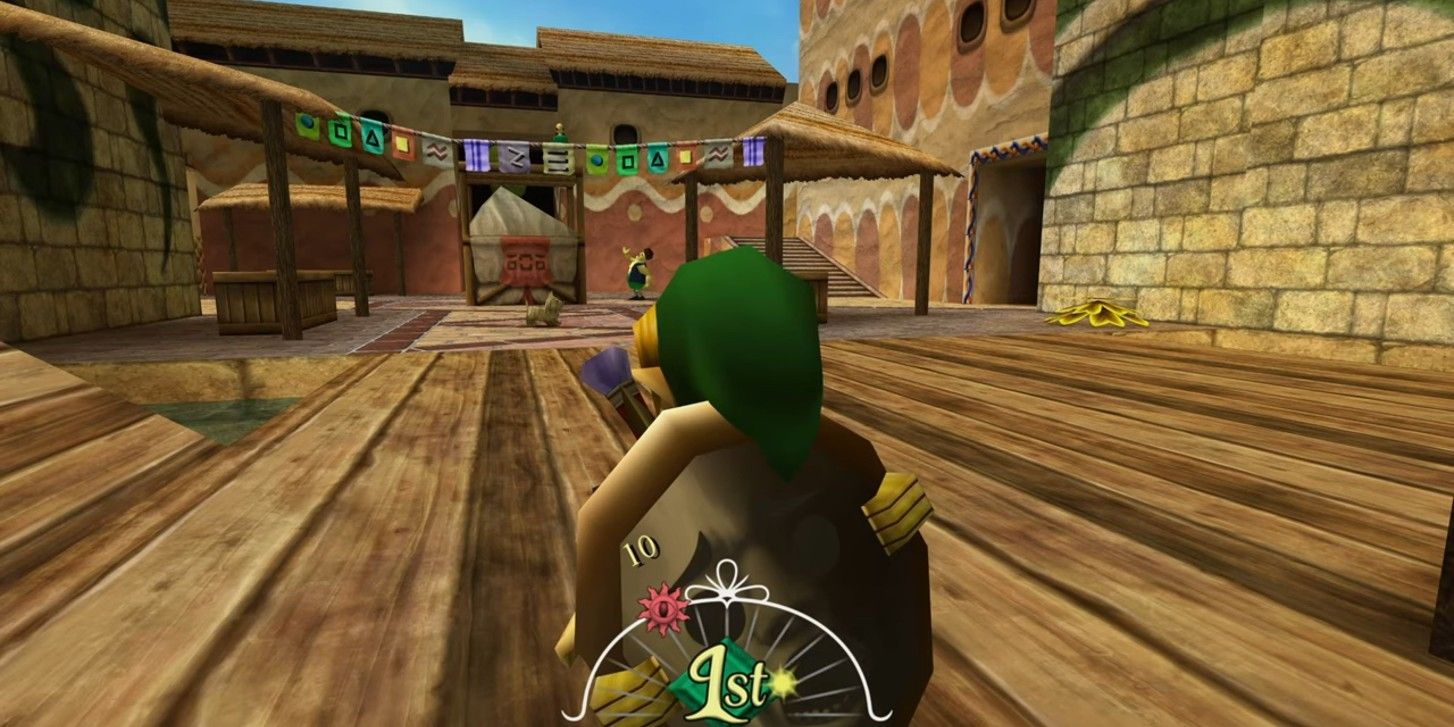 Link walking through a village in Legend of Zelda: Majora's Mask.