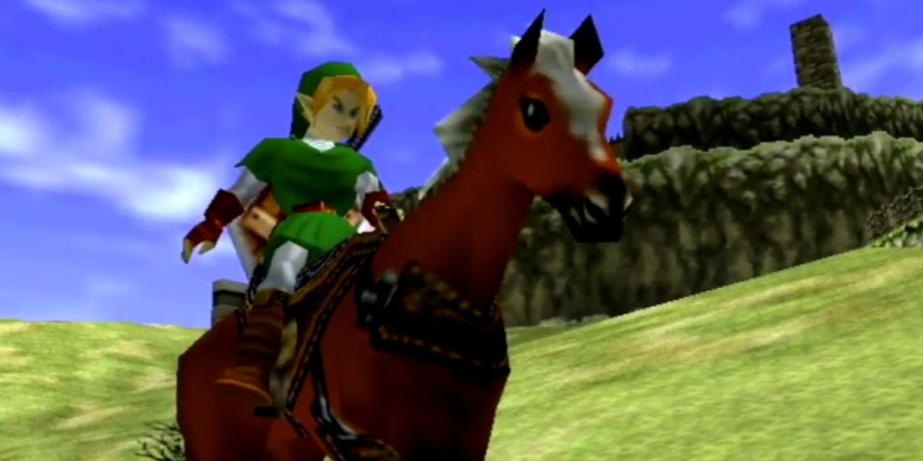 Link rides Epona in a green field during th day in Ocarina of Time.