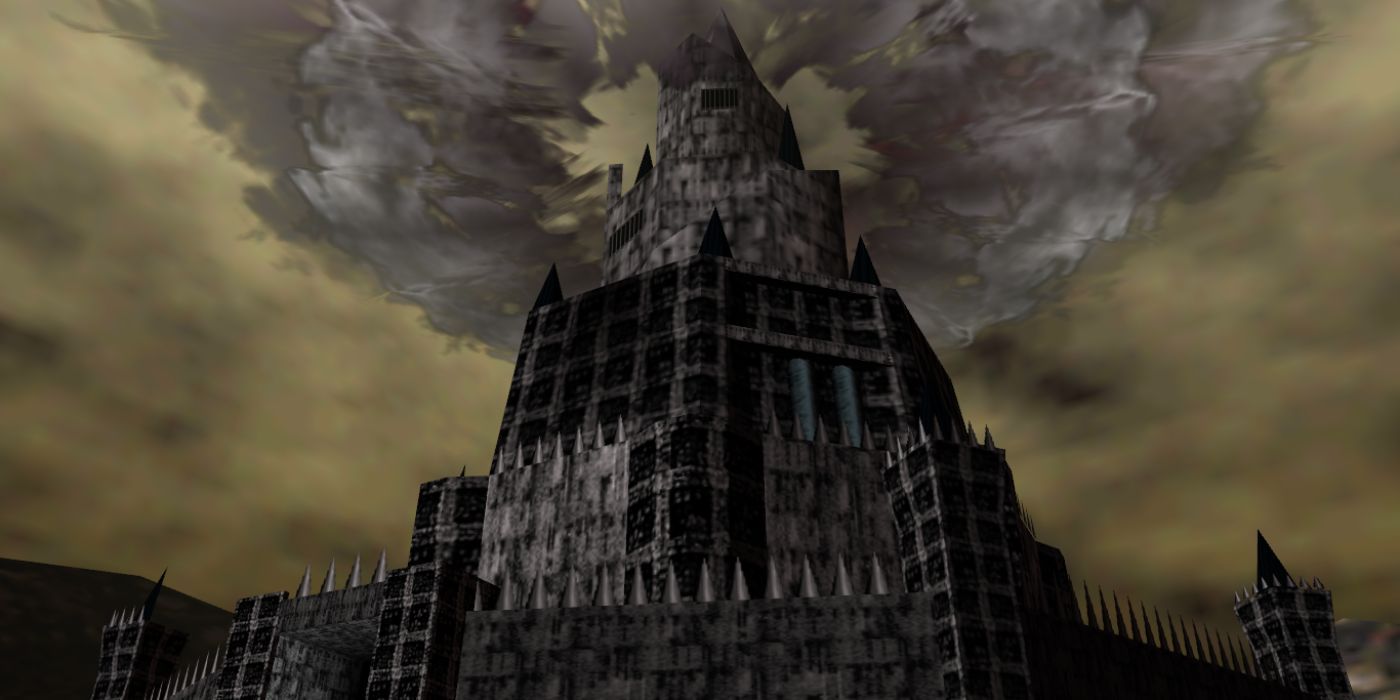 Ganon's Castle towers over Hyrule in Ocarina of Time.