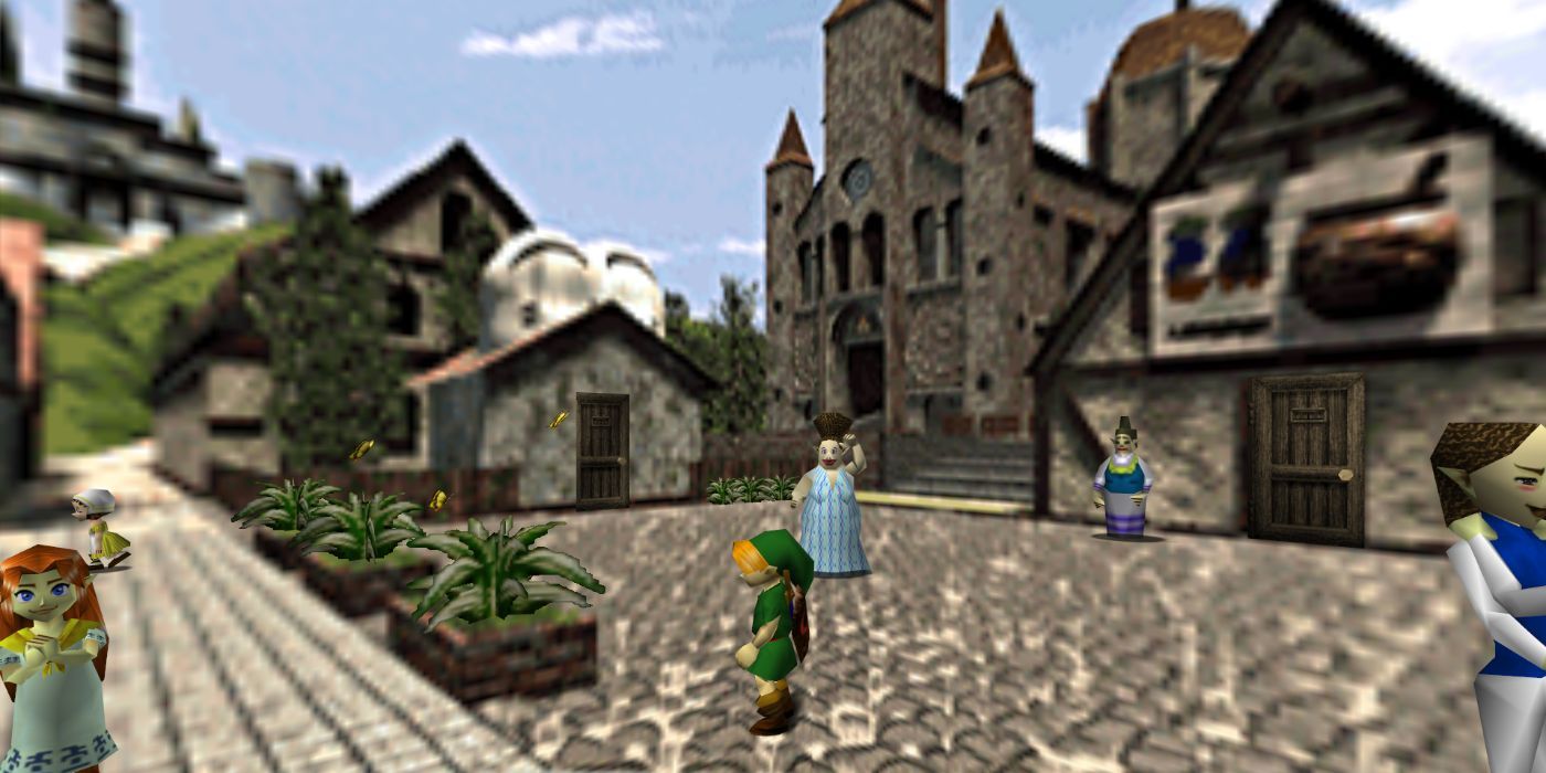 Link roams Hyrule Castle Town in Ocarina of Time.