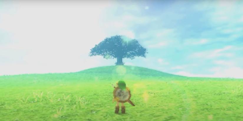 Link arrives at the grassy field inside the moon in Majora's Mask.