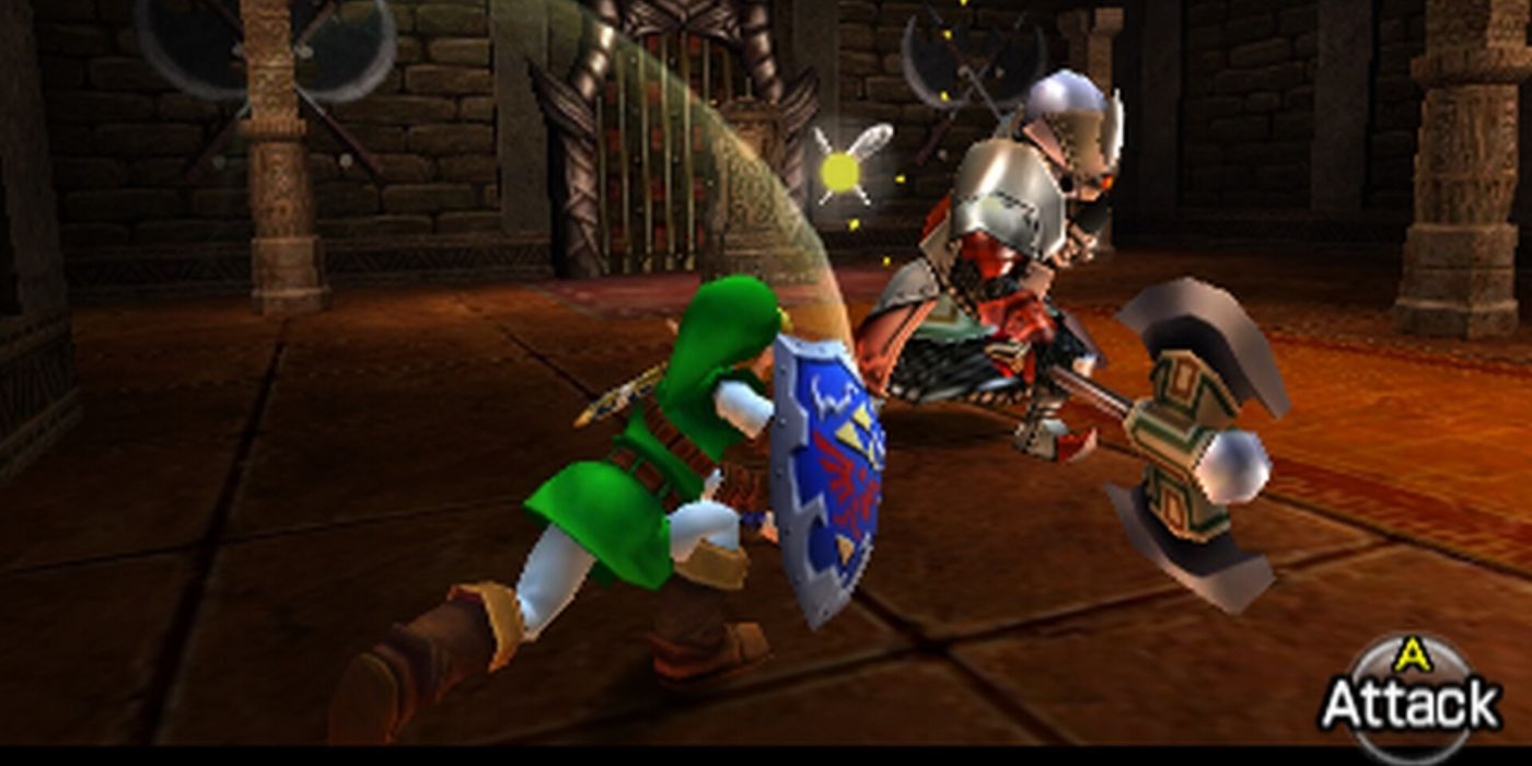 Link attacks the Gerudo Iron Knuckle in Ocarina of Time.