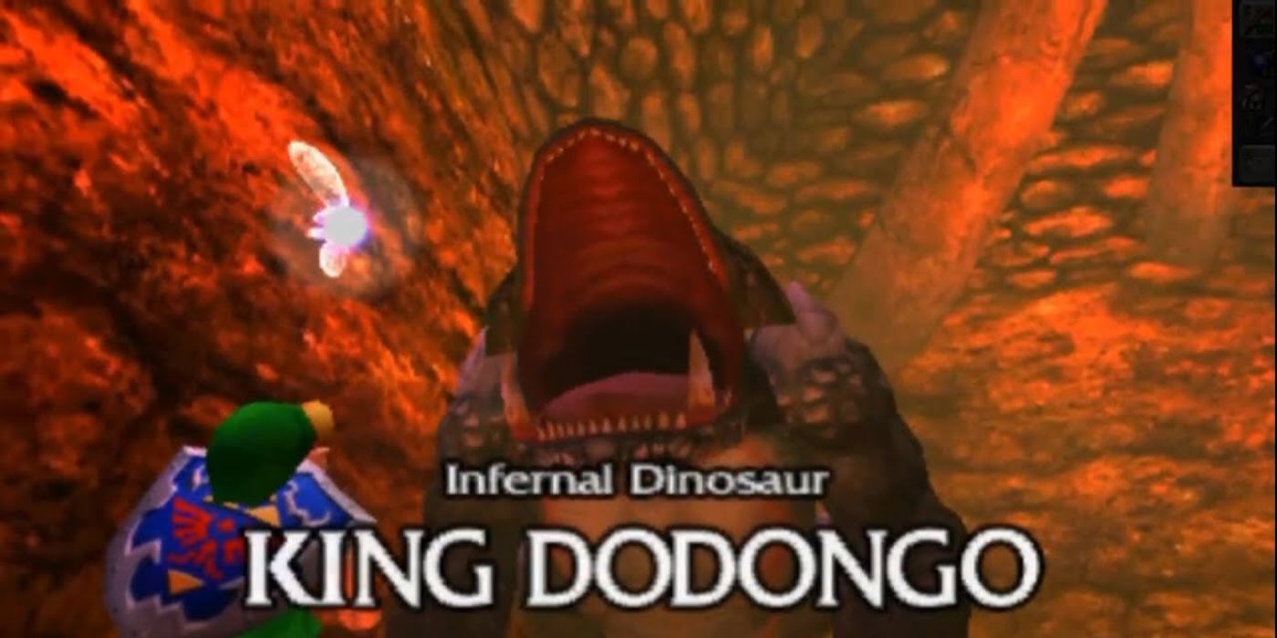 Rei Dodongo rugindo para Link e Navi em Ocarina of Time, com texto, 
