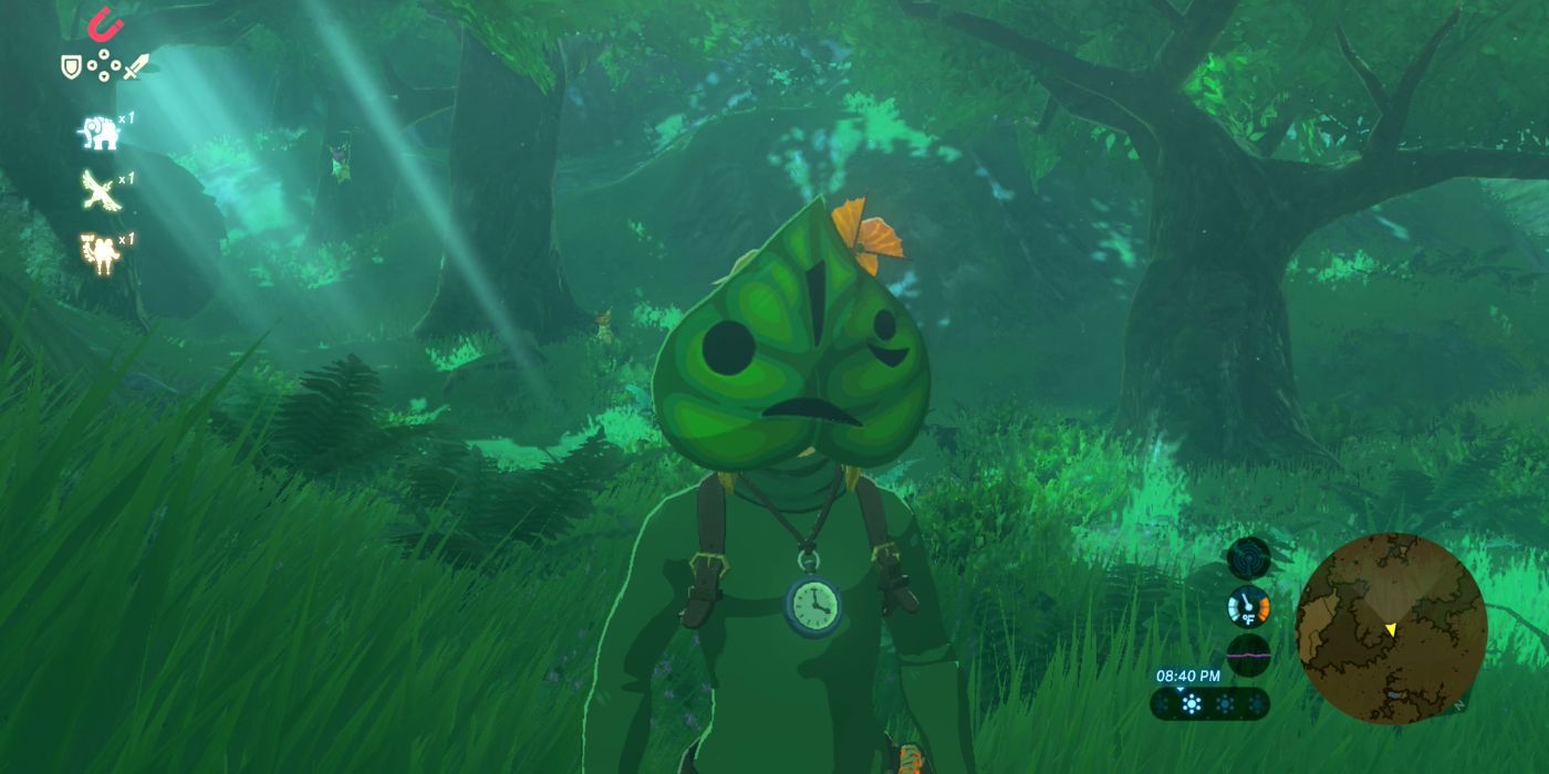Link wears the Korok Mask in Breath of the Wild.