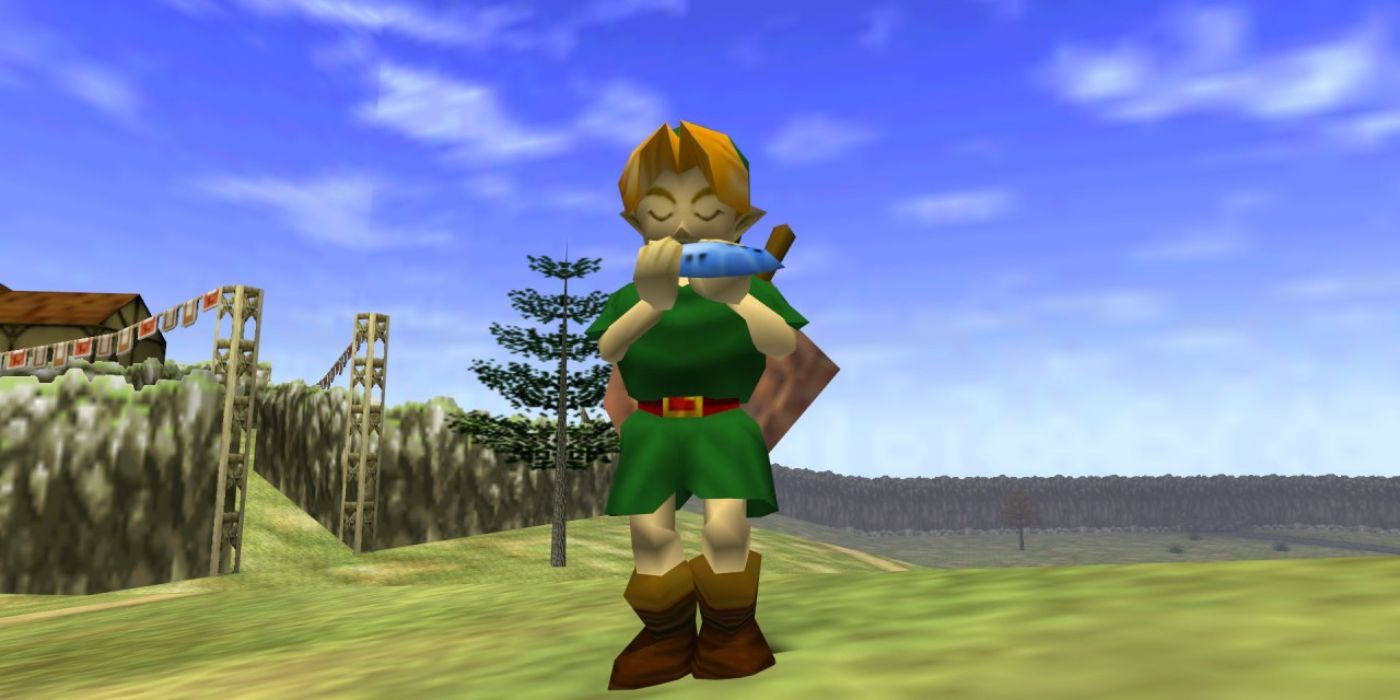 Link plays the ocarina in Ocarina of Time.