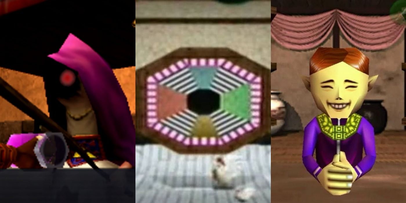 The Poe Collector, Bombchu Bowling Alley, and Happy Mask Salesman from Ocarina of Time, shown side by side.