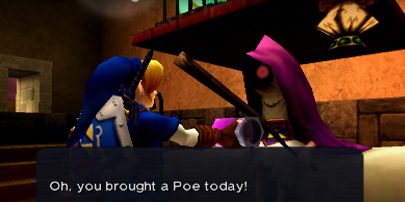 Link gives the Poe Collector a Big Poe in Ocarina of Time.