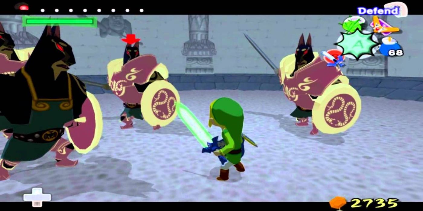 Three Darknuts attack Link in Legend of Zelda Wind Waker.