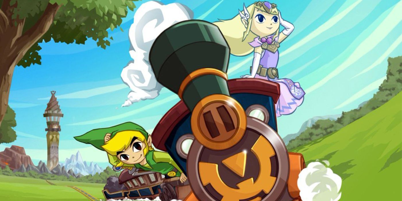 Link and Zelda ride the Spirit Train in promotional artwork for Spirit Tracks.