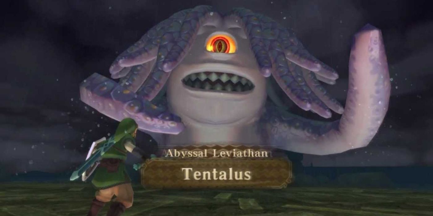 Link confronts the largel one-eyed creature Tentalus in a Zelda game.