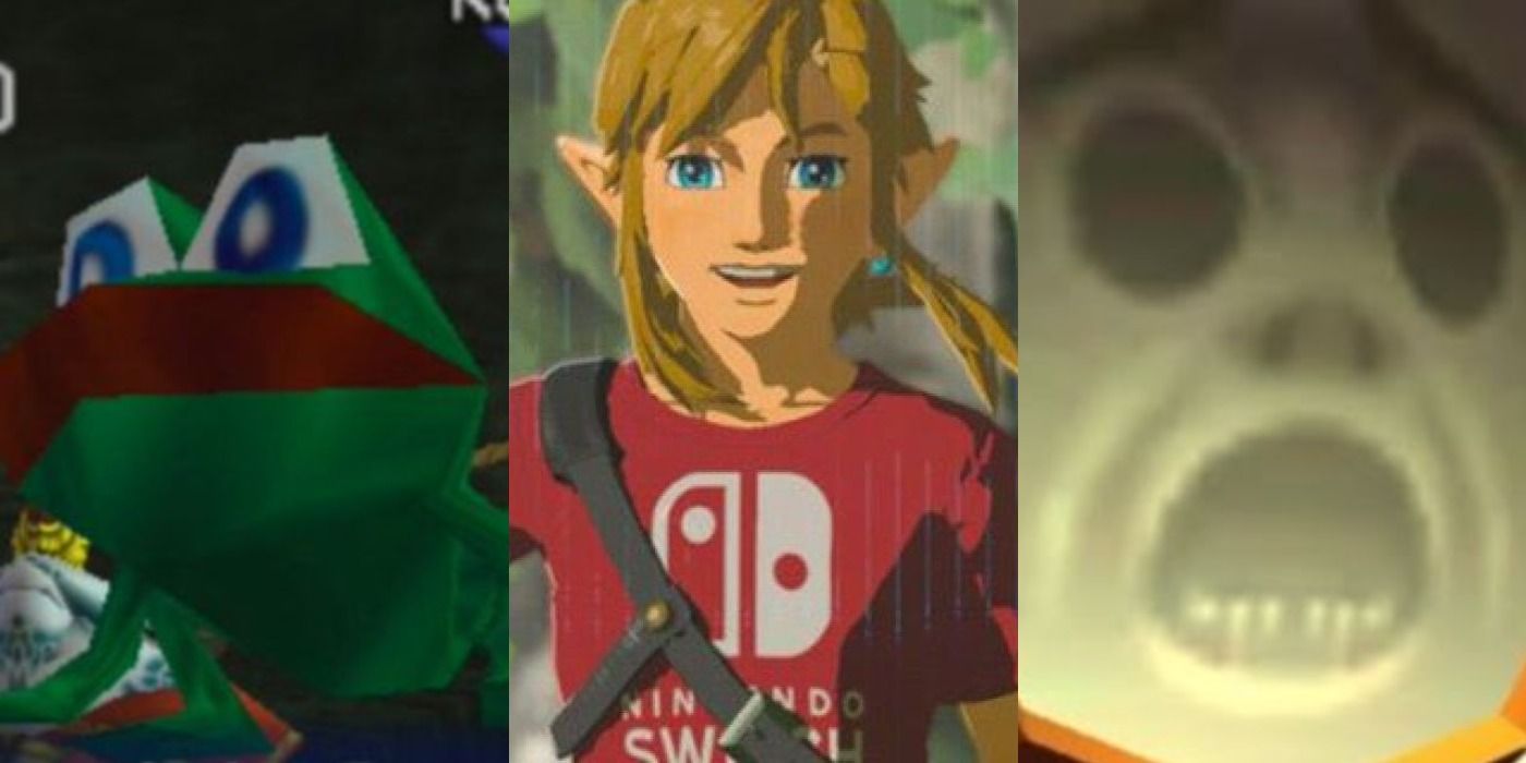 Split image of Eyeball Frog, Nintendo Switch Shirt, and Mirror Shield in the Legend of Zelda series.