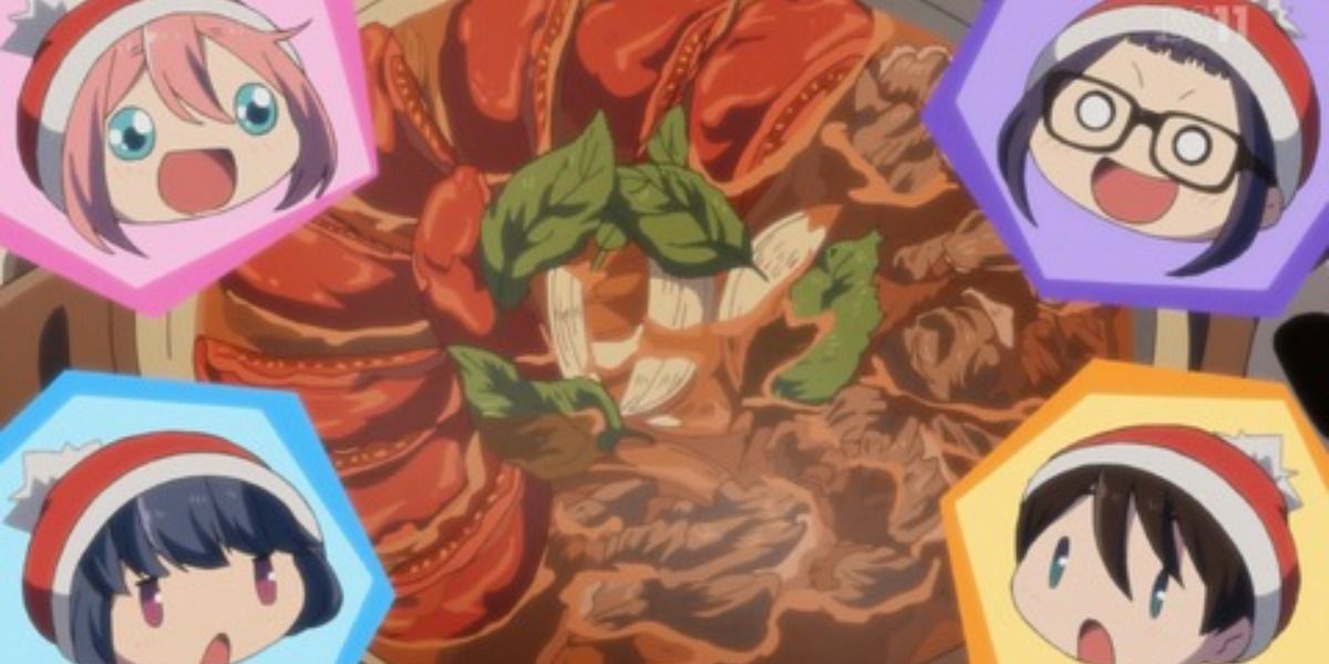 a bowl of food in Laid Back Camp with four chibi character heads around it looking hungry