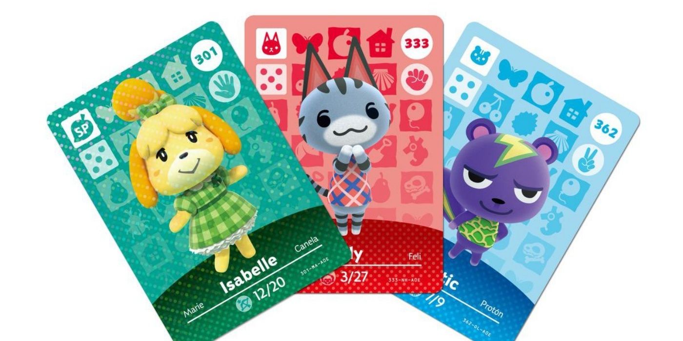 Tiga kartu Animal Crossing Amiibo, ditata dengan latar belakang putih.