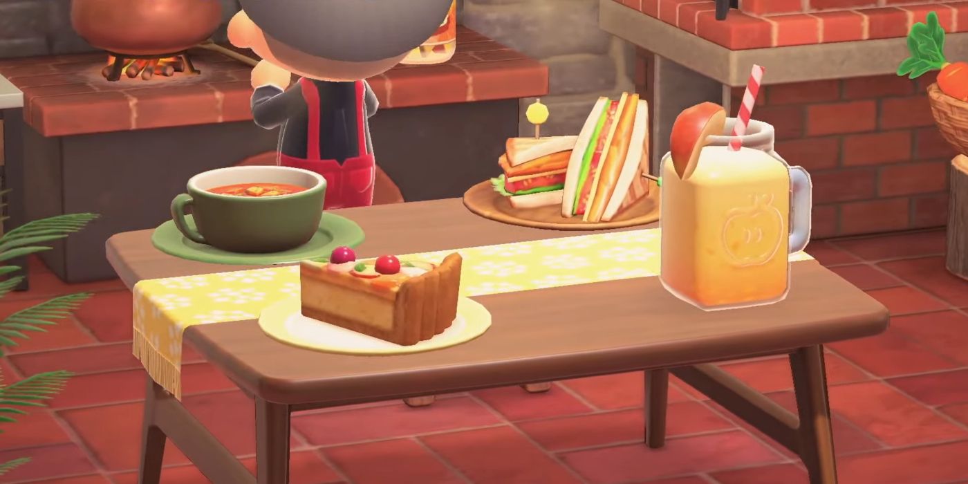 Um jogador cozinha em Animal Crossing New Horizons e os pratos enchem sua mesa