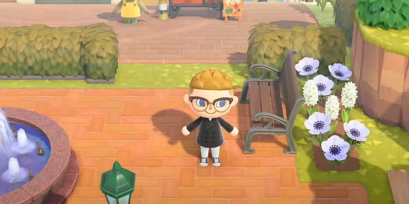A villager standing on the town square in Animal Crossing