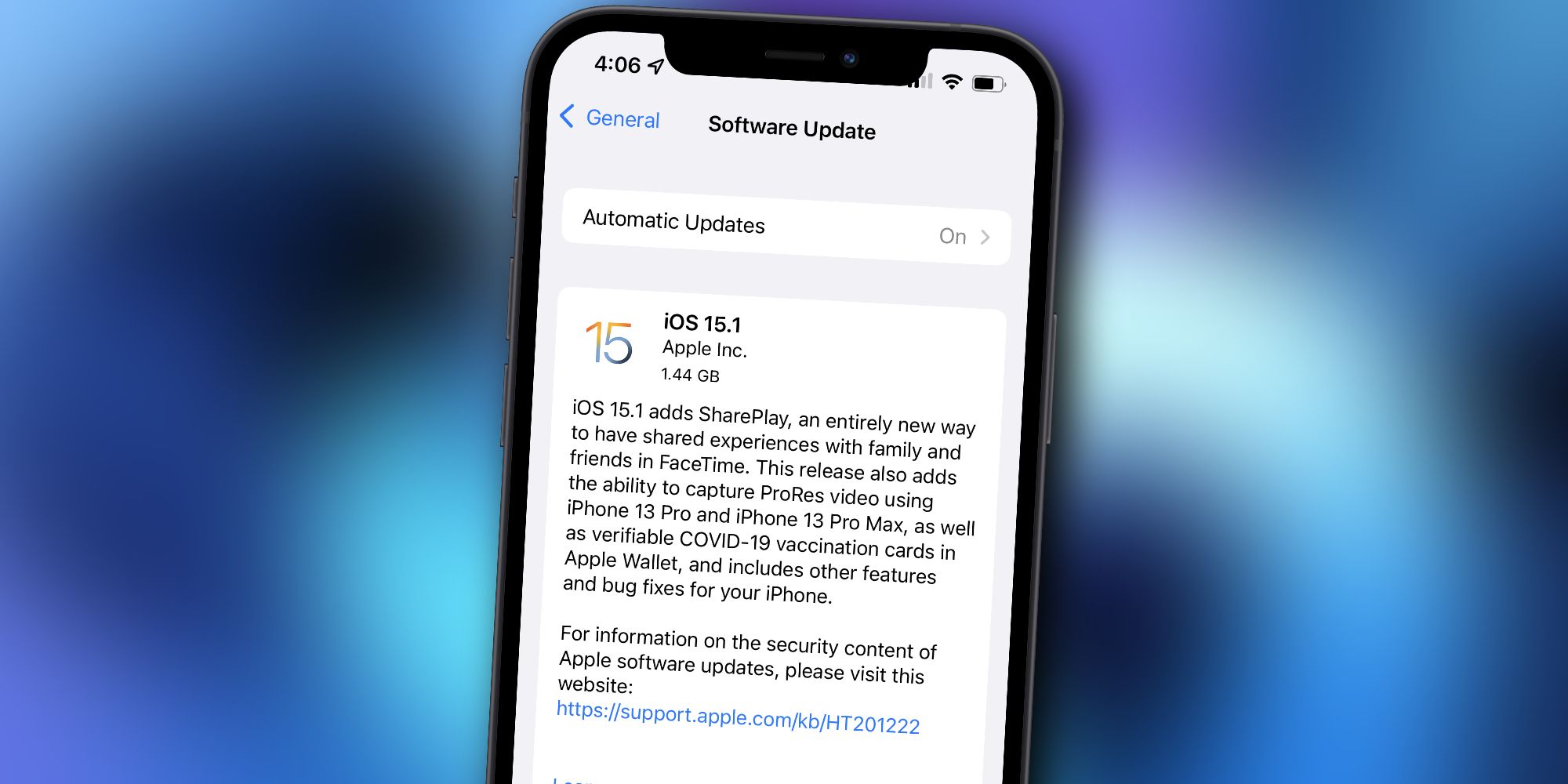 iOS 15.1 update on an iPhone