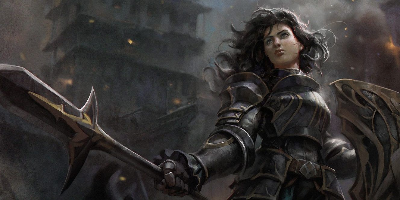 dnd 5e female knight wielding spear and shield